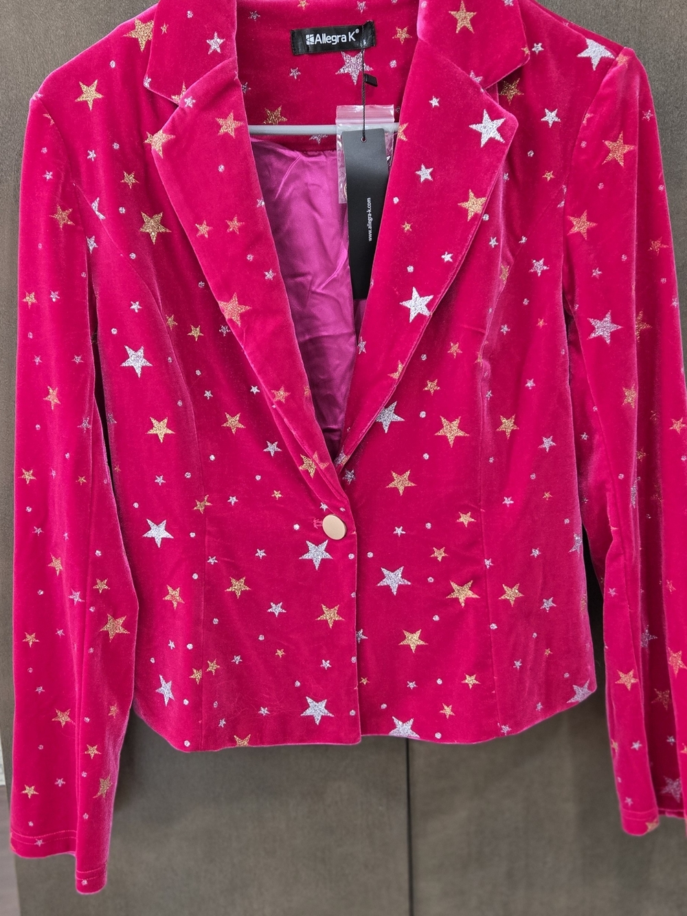 Allegra K Hot Pink Velvet Star-Print Blazer